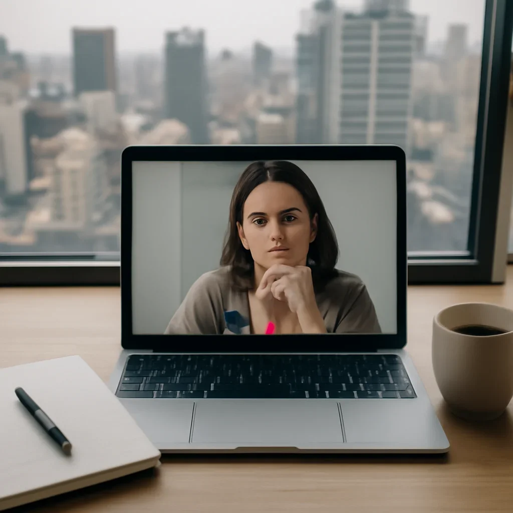 Video call setup with notebook, coffee and city window view during relocation planning