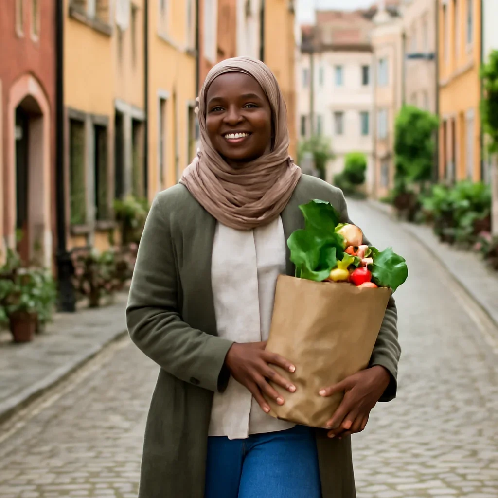 New arrival carrying groceries through a walkable European neighbourhood