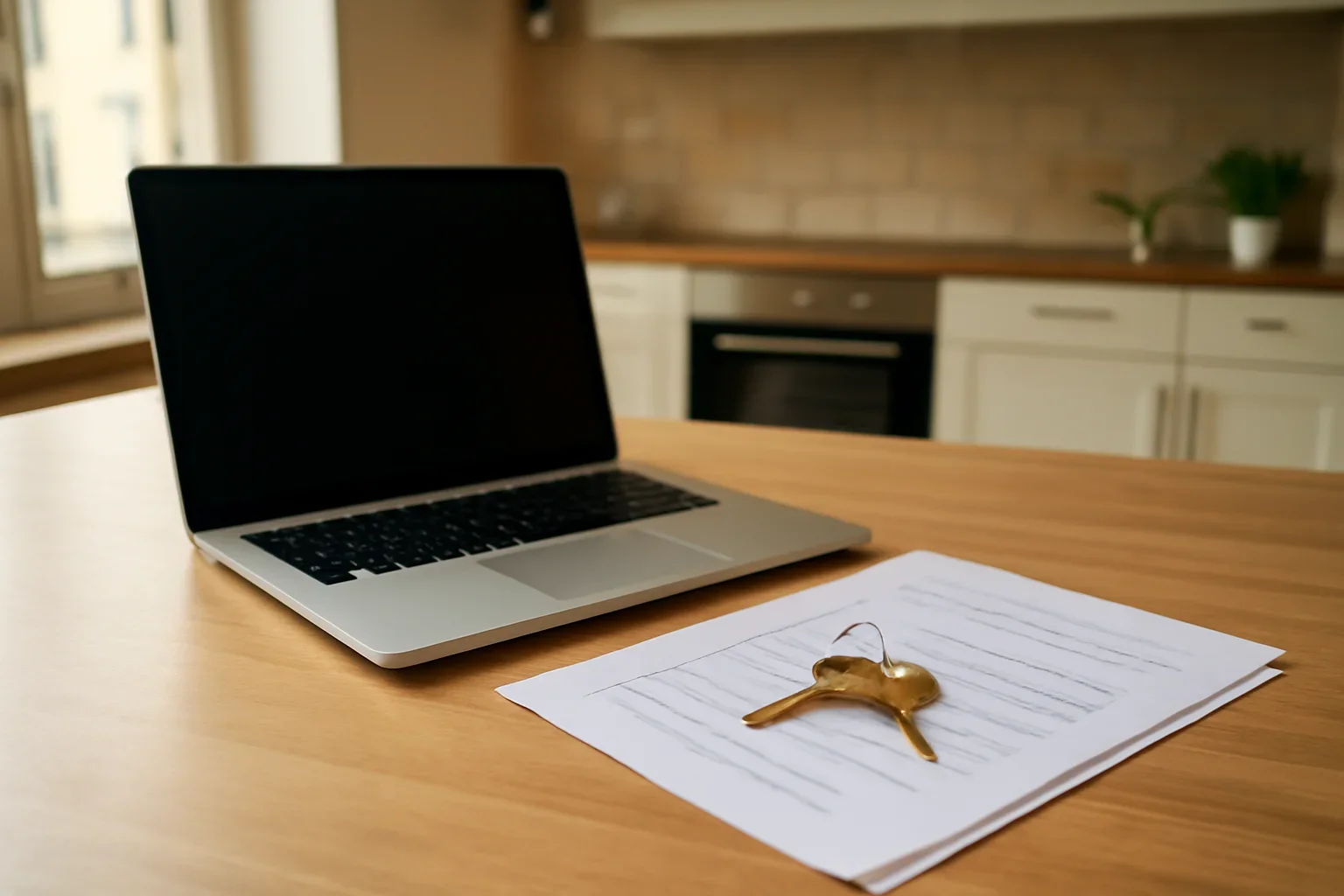 Laptop, apartment keys and residency papers on a kitchen table in Europe