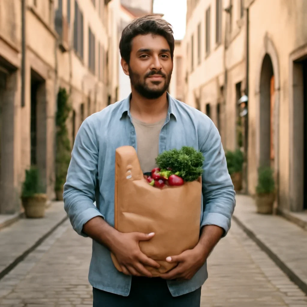 New arrival carrying groceries through a walkable European neighbourhood