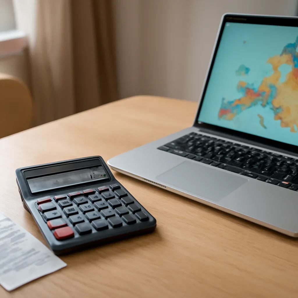 Small apartment table with calculator, grocery receipt and laptop during Europe planning