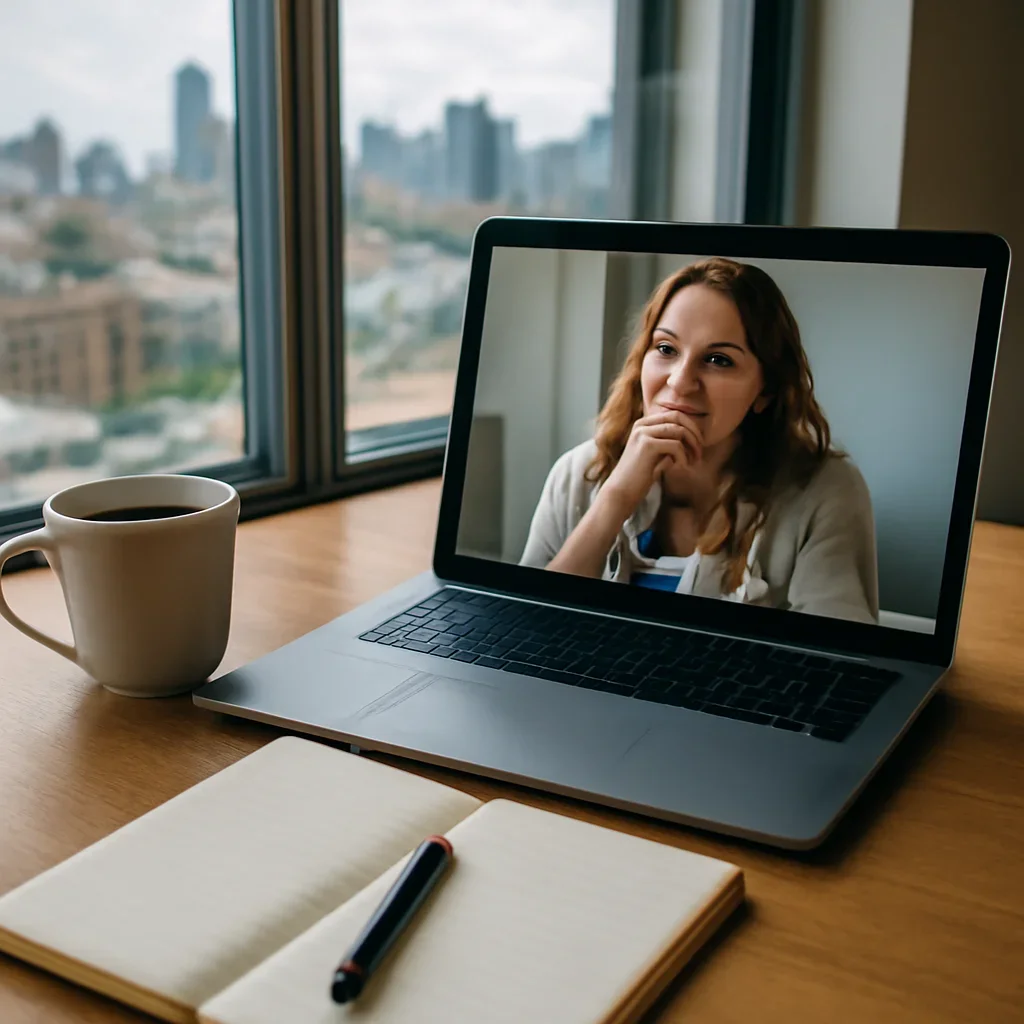 Video call setup with notebook, coffee and city window view during relocation planning
