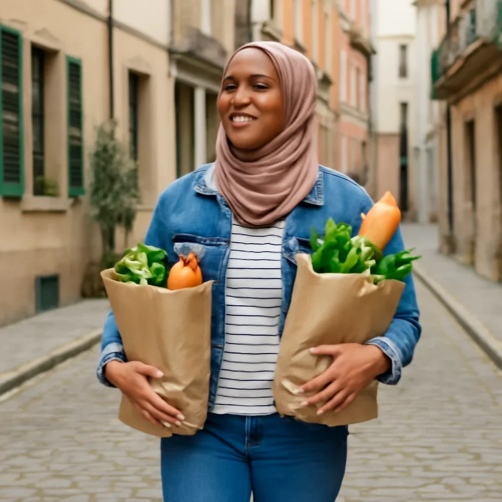 New arrival carrying groceries through a walkable European neighbourhood