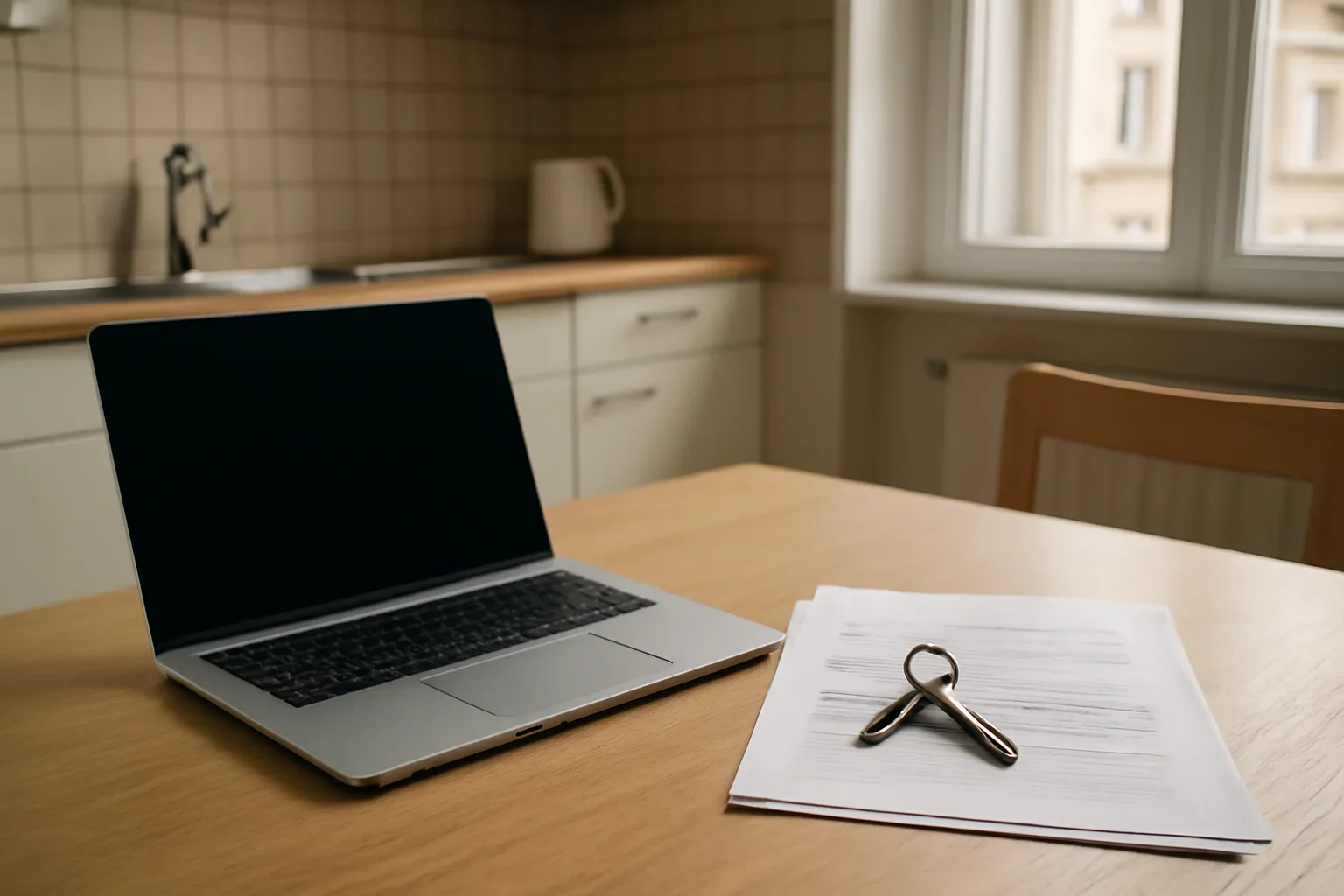 Laptop, apartment keys and residency papers on a kitchen table in Europe