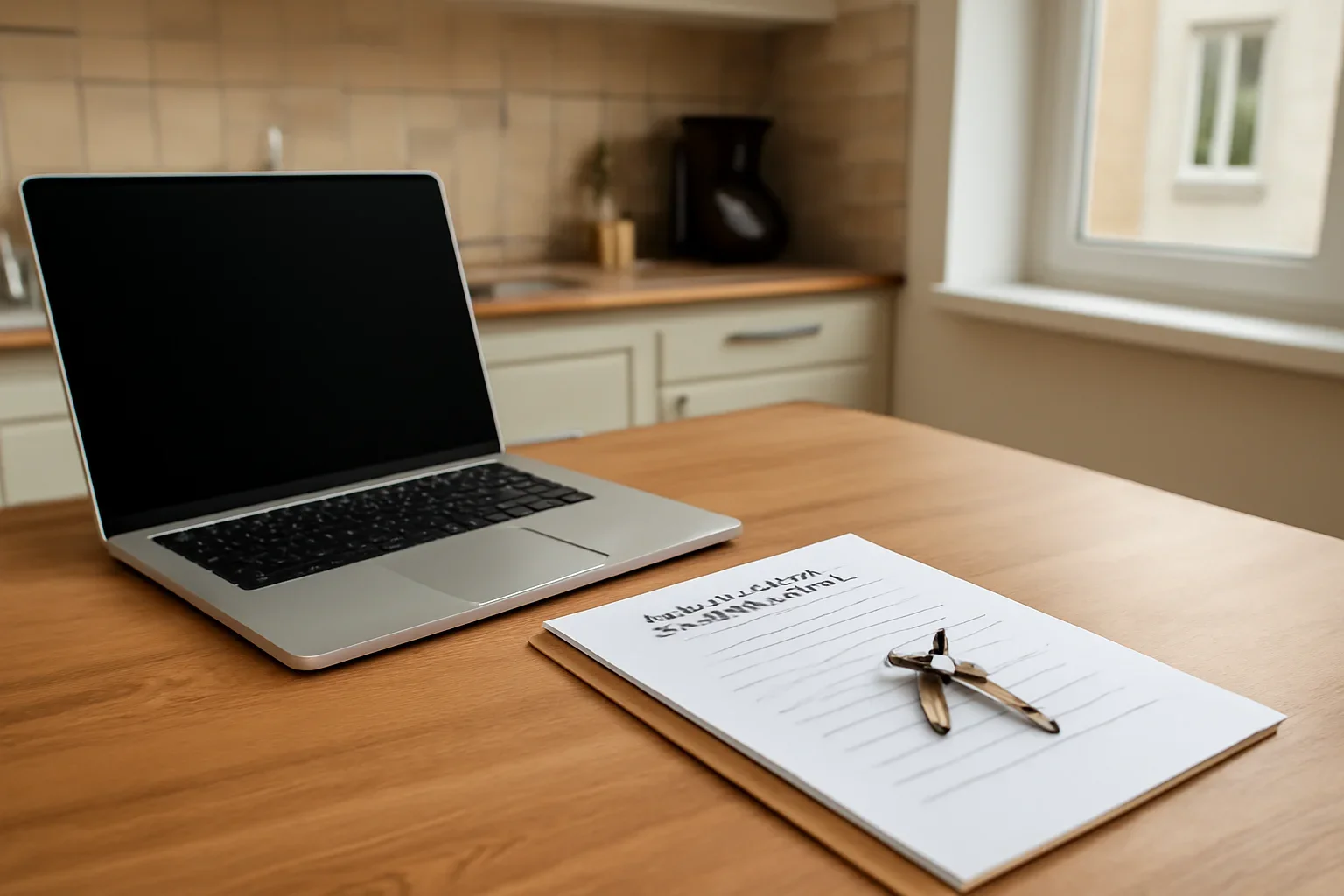 Laptop, apartment keys and residency papers on a kitchen table in Europe