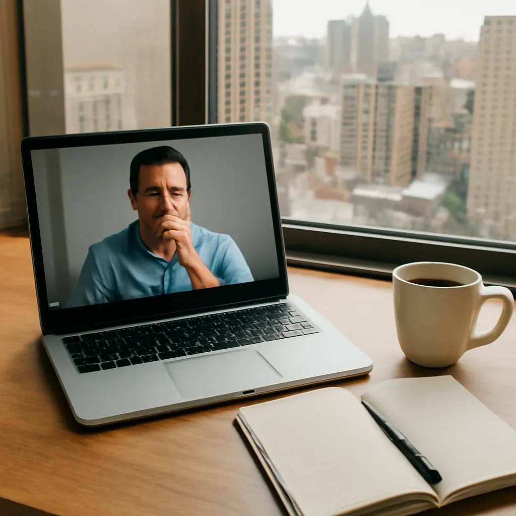 Video call setup with notebook, coffee and city window view during relocation planning