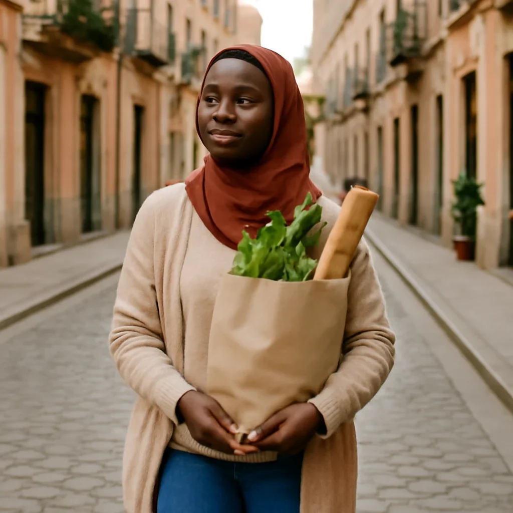 New arrival carrying groceries through a walkable European neighbourhood