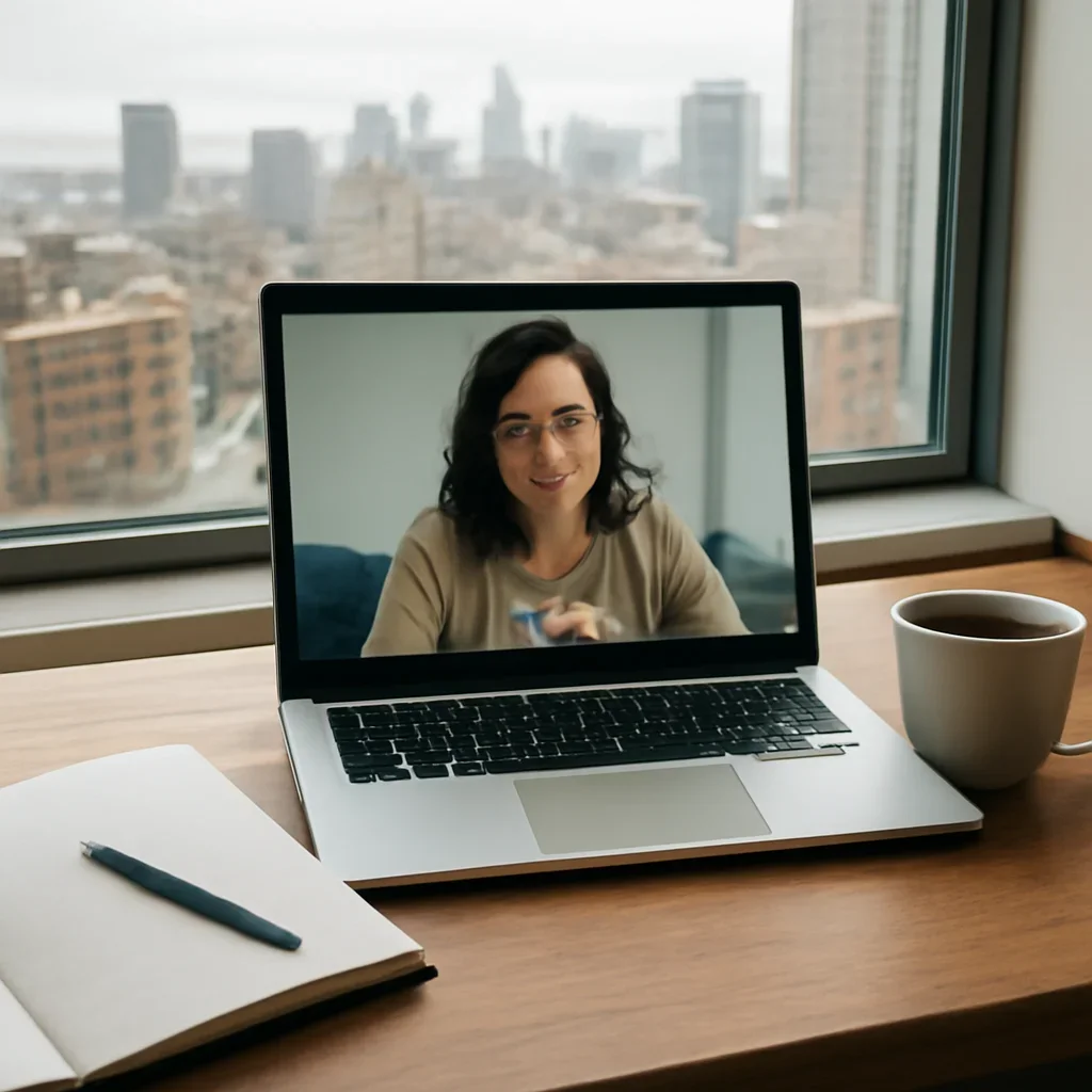 Video call setup with notebook, coffee and city window view during relocation planning