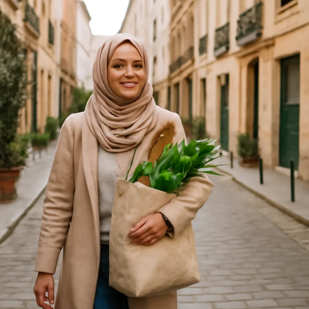 New arrival carrying groceries through a walkable European neighbourhood