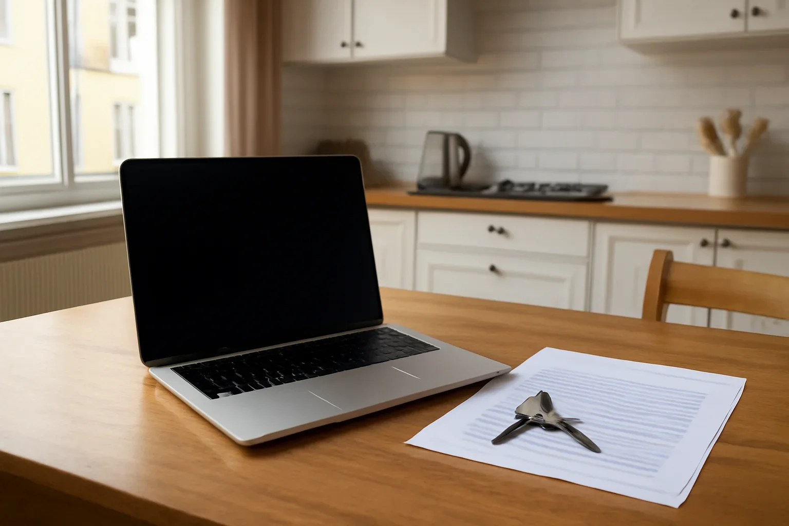 Laptop, apartment keys and residency papers on a kitchen table in Europe