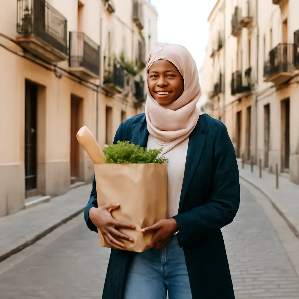 New arrival carrying groceries through a walkable European neighbourhood