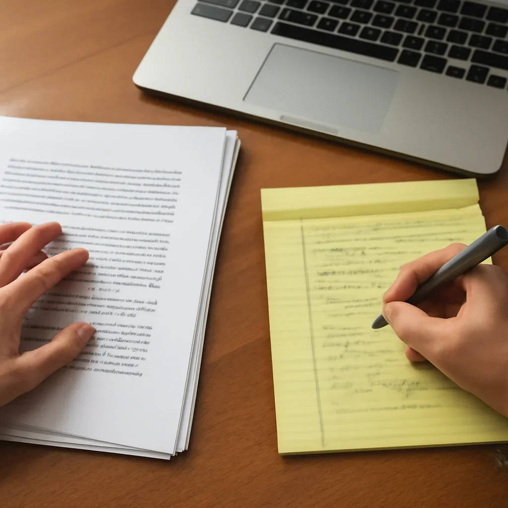 Hands reviewing page proofs and reader notes beside a laptop