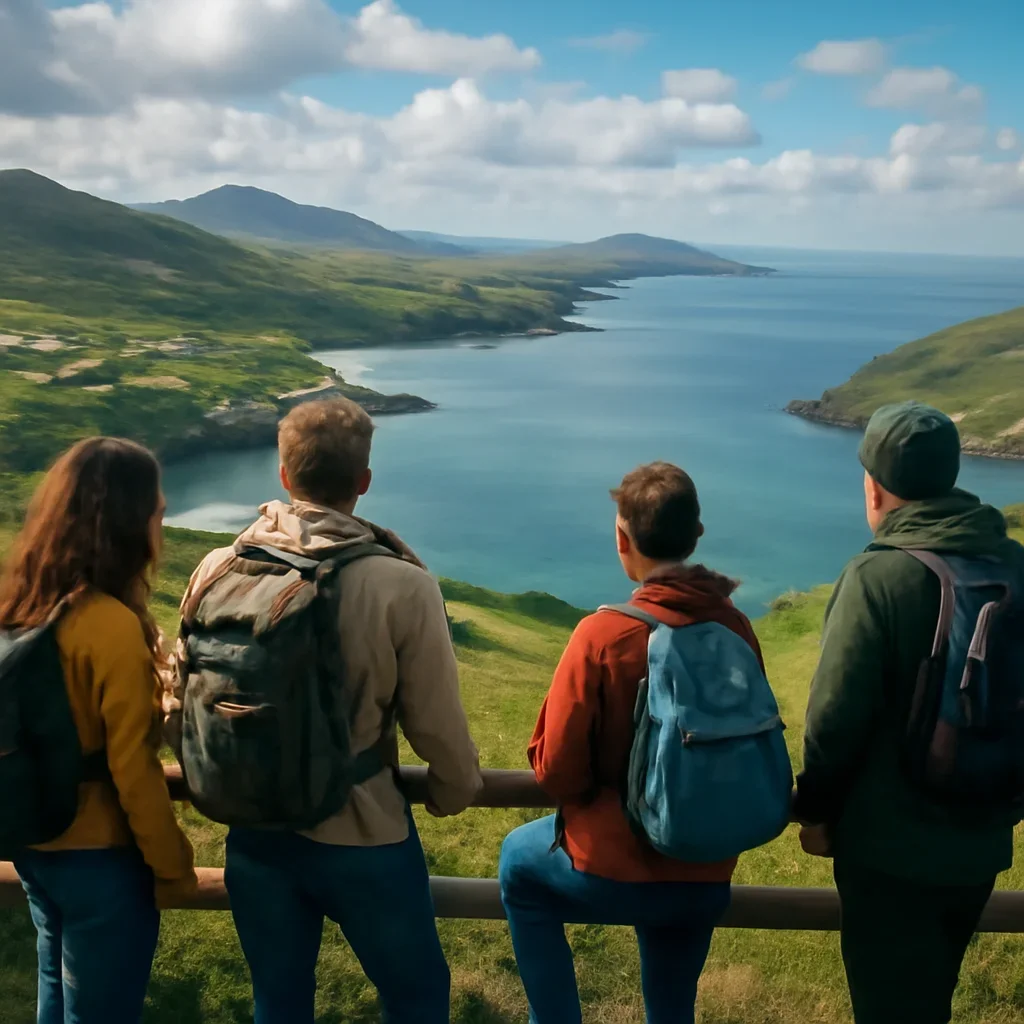 Travellers pausing at a viewpoint in Ireland
