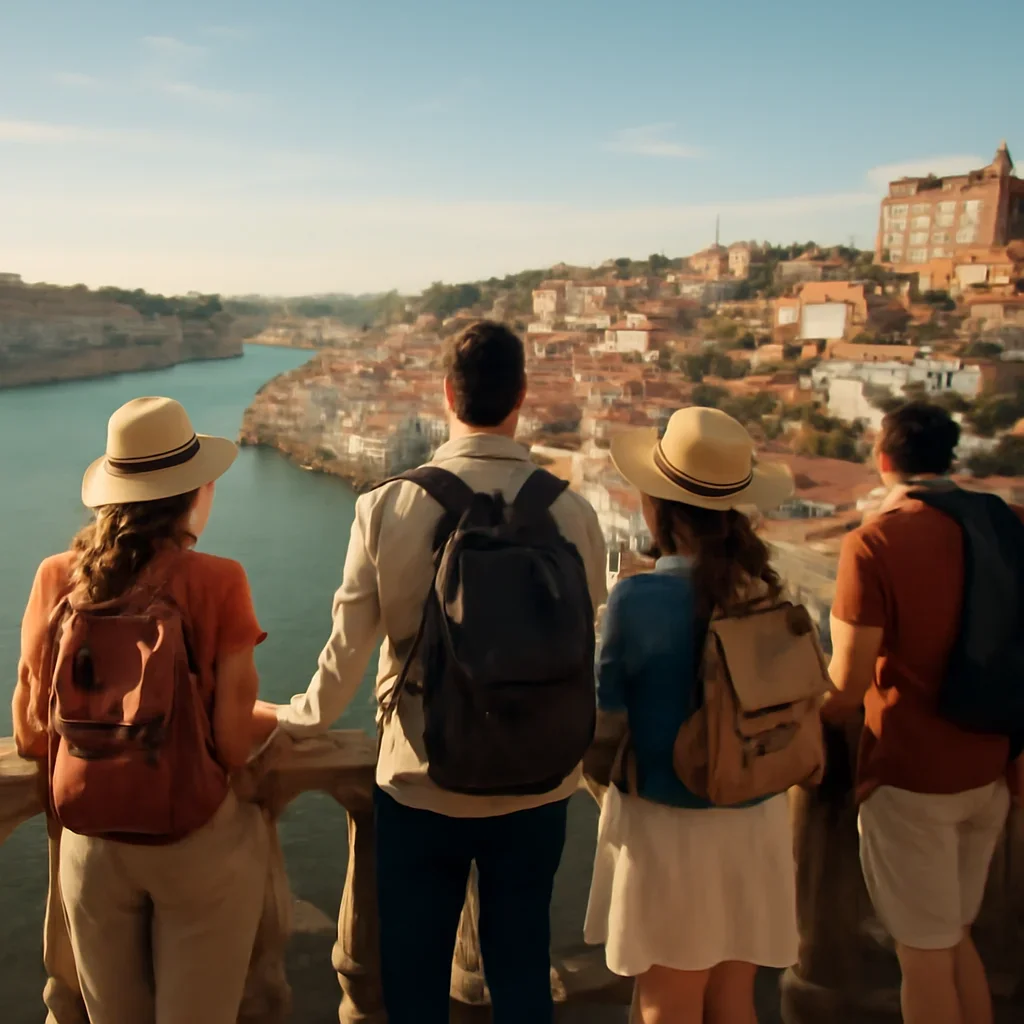 Travellers pausing at a viewpoint in Portugal
