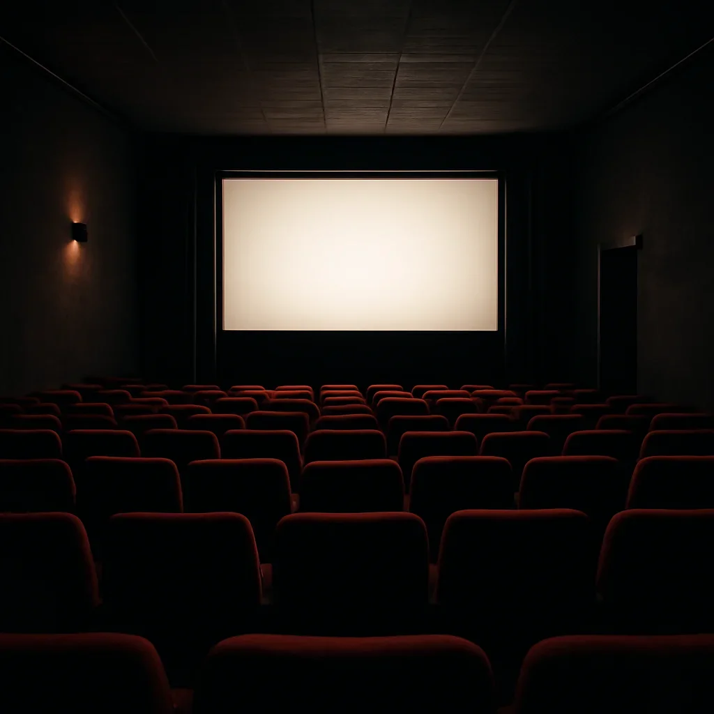 Small cinema interior with glowing screen and red velvet seats