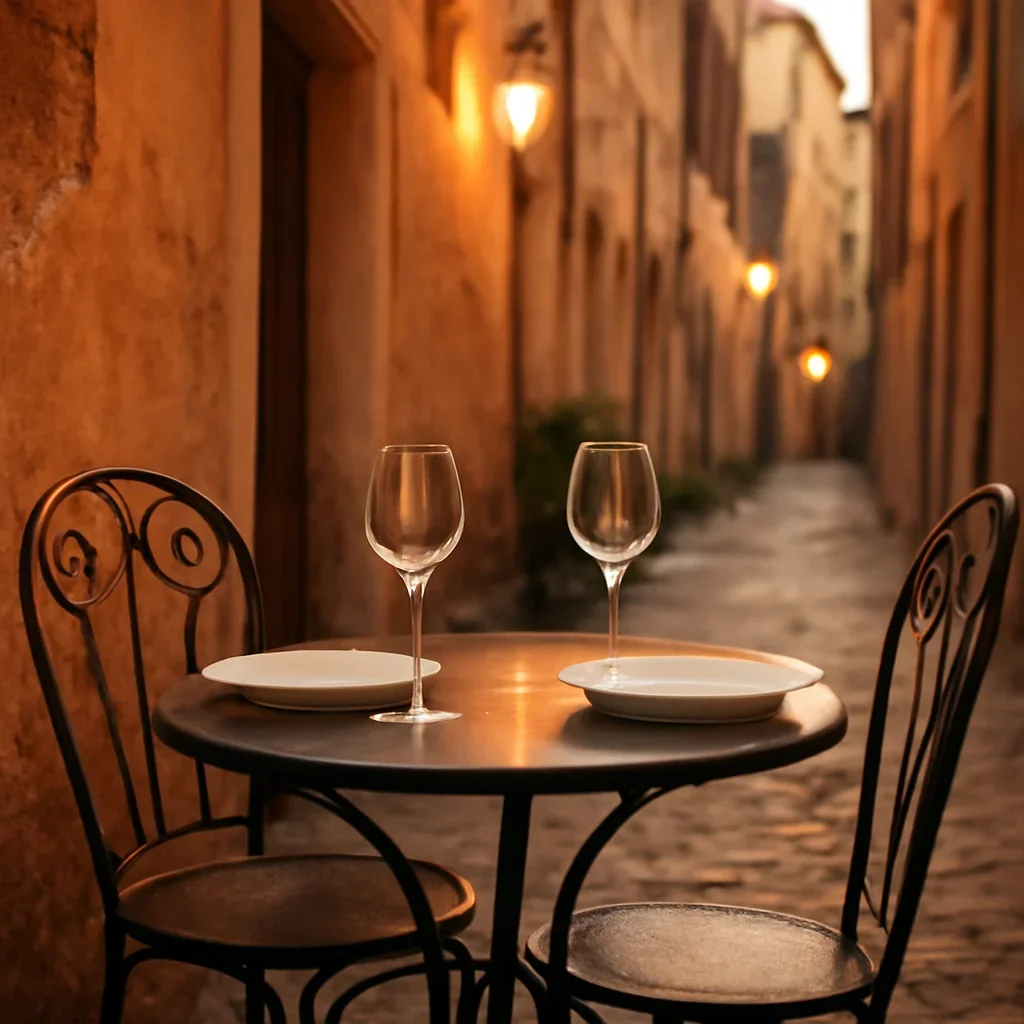 Dinner plates and wine glasses on a small terrace table in a narrow lane