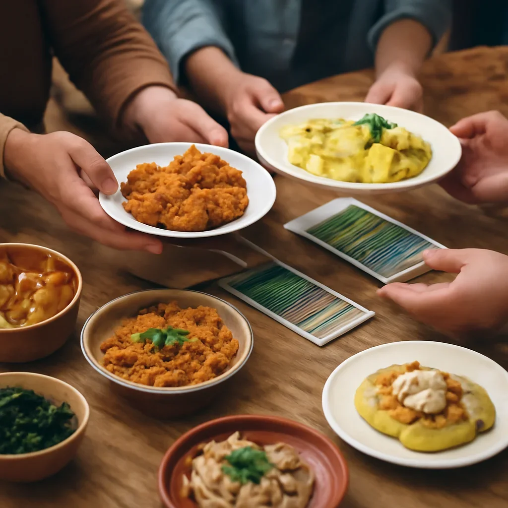 Community table with regional dishes, brochures and hands passing plates