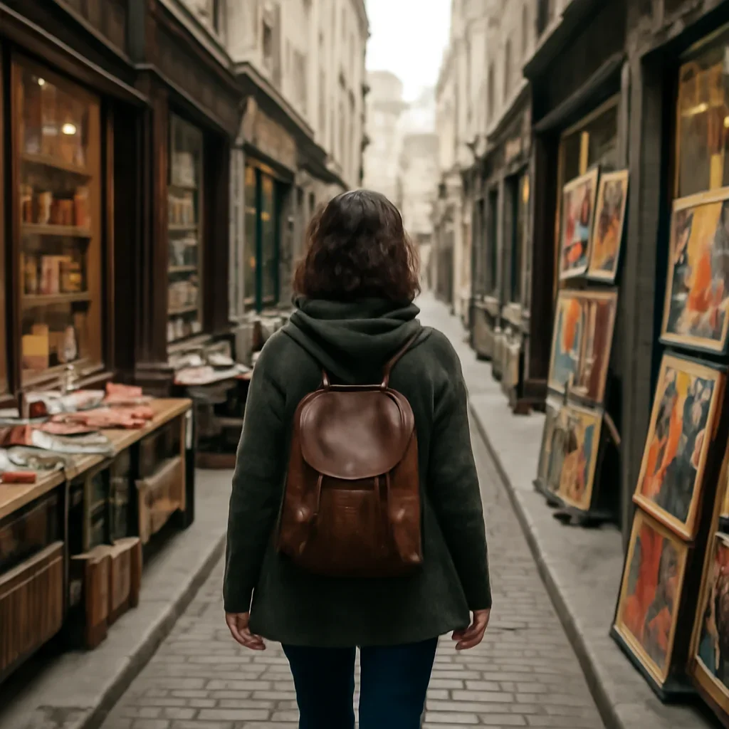 Reader walking through a literary street with bookshops and posters