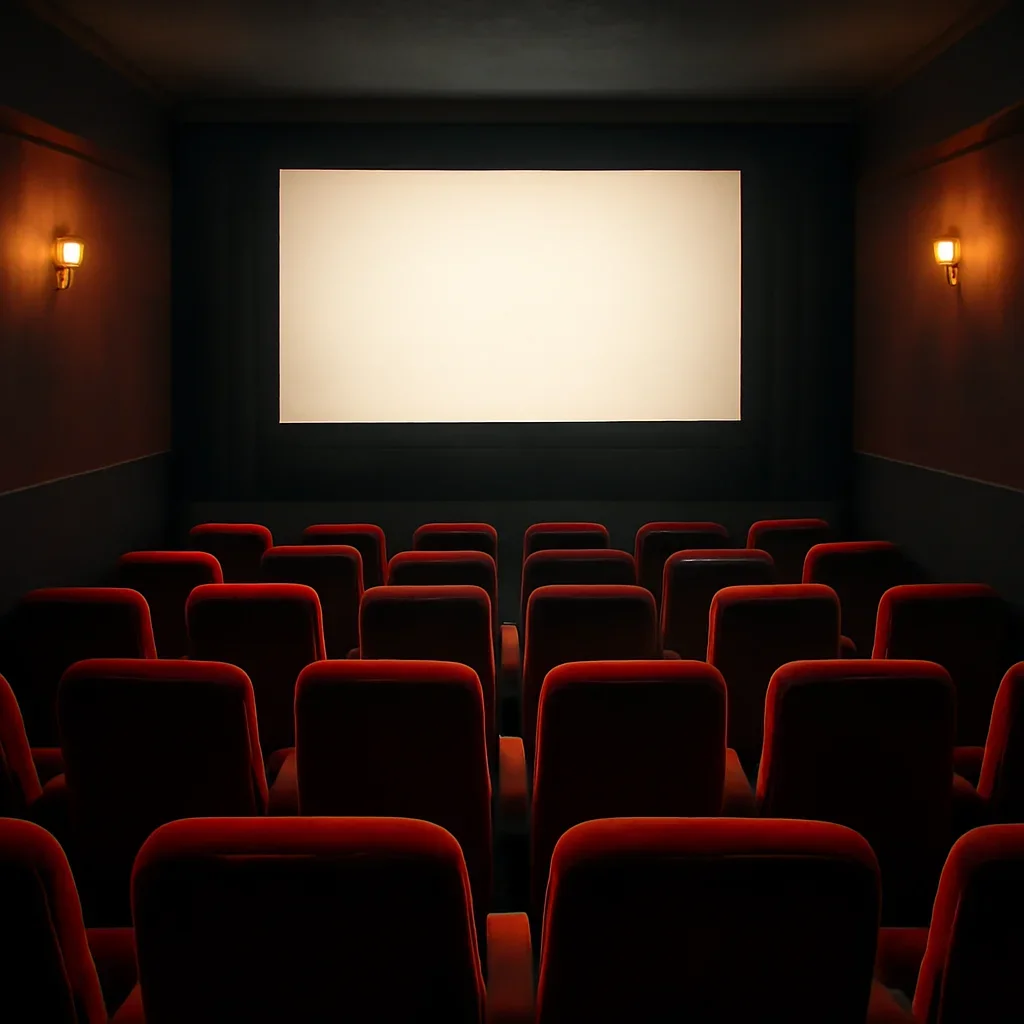 Small cinema interior with glowing screen and red velvet seats