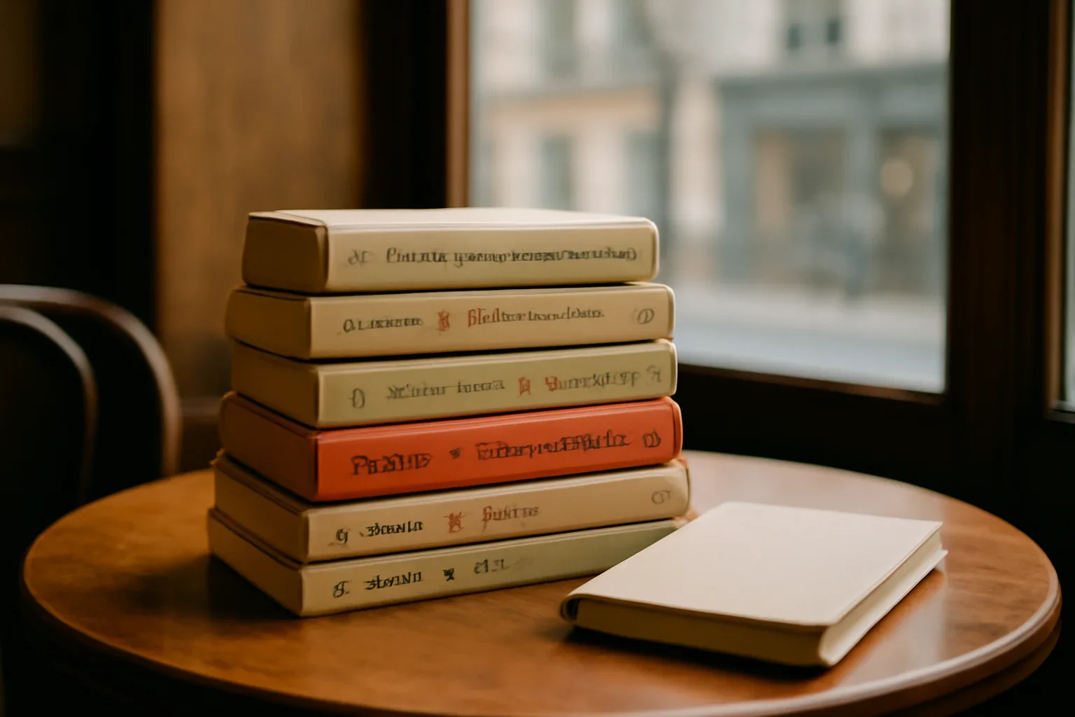 Stack of European novels and a notebook on a café table by the window
