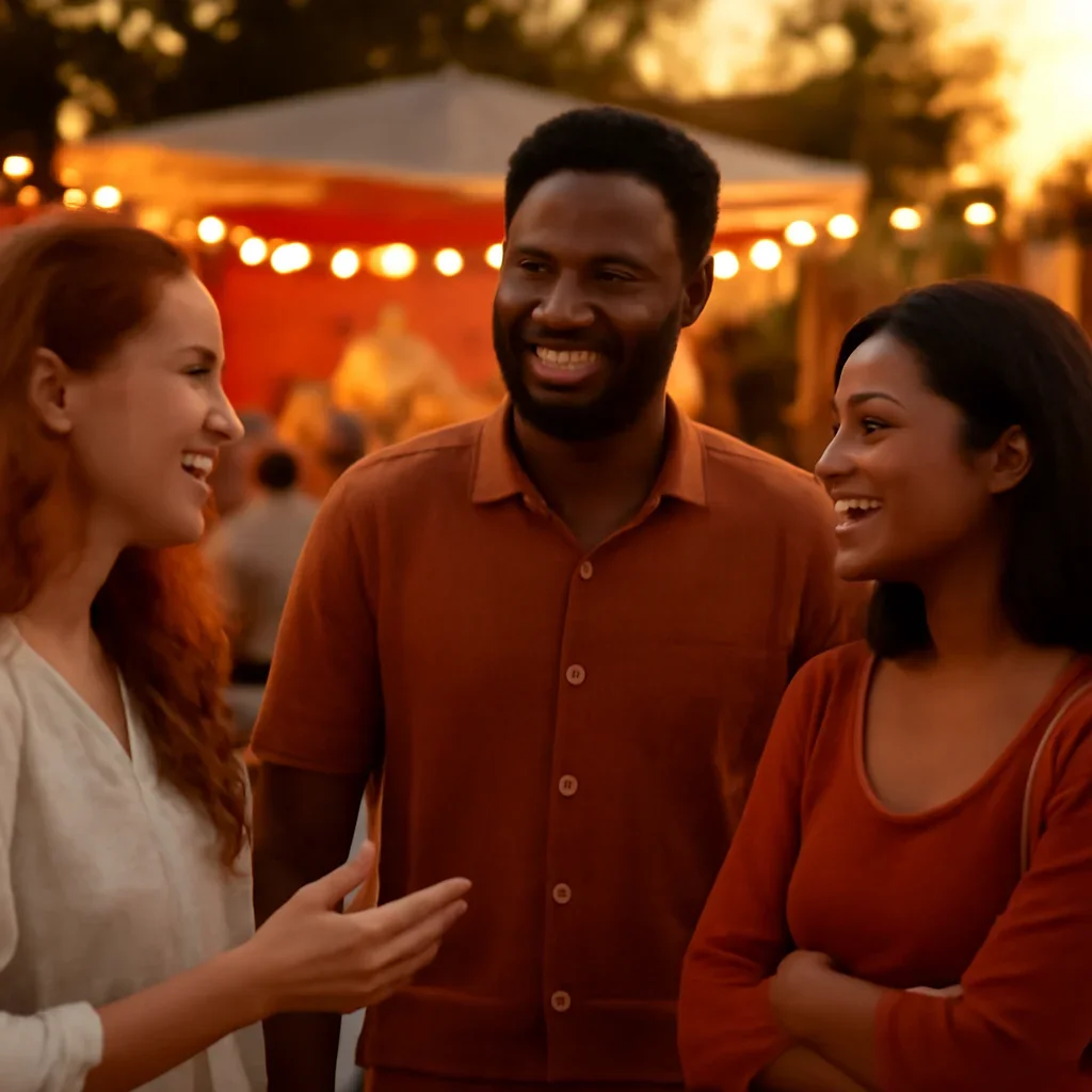 Friends talking outside a cultural event with music and warm evening light