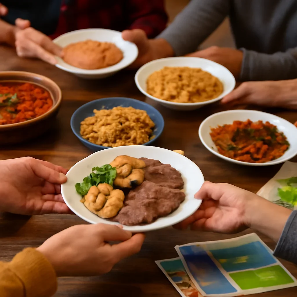 Community table with regional dishes, brochures and hands passing plates