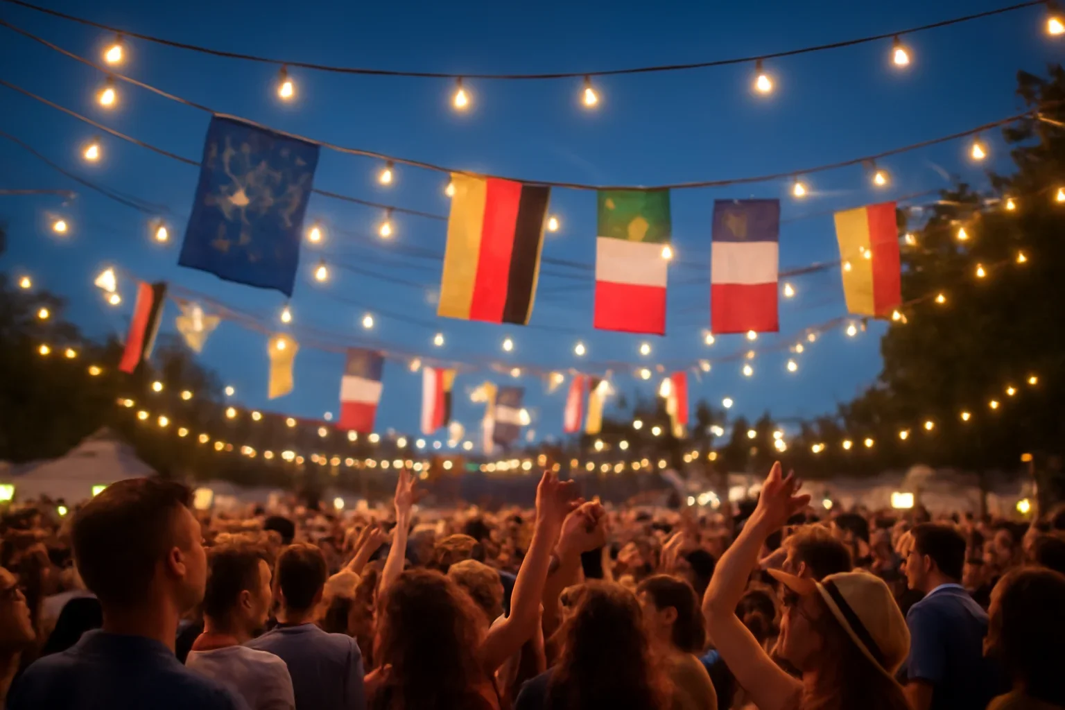 Festival crowd beneath European flags and strings of lights
