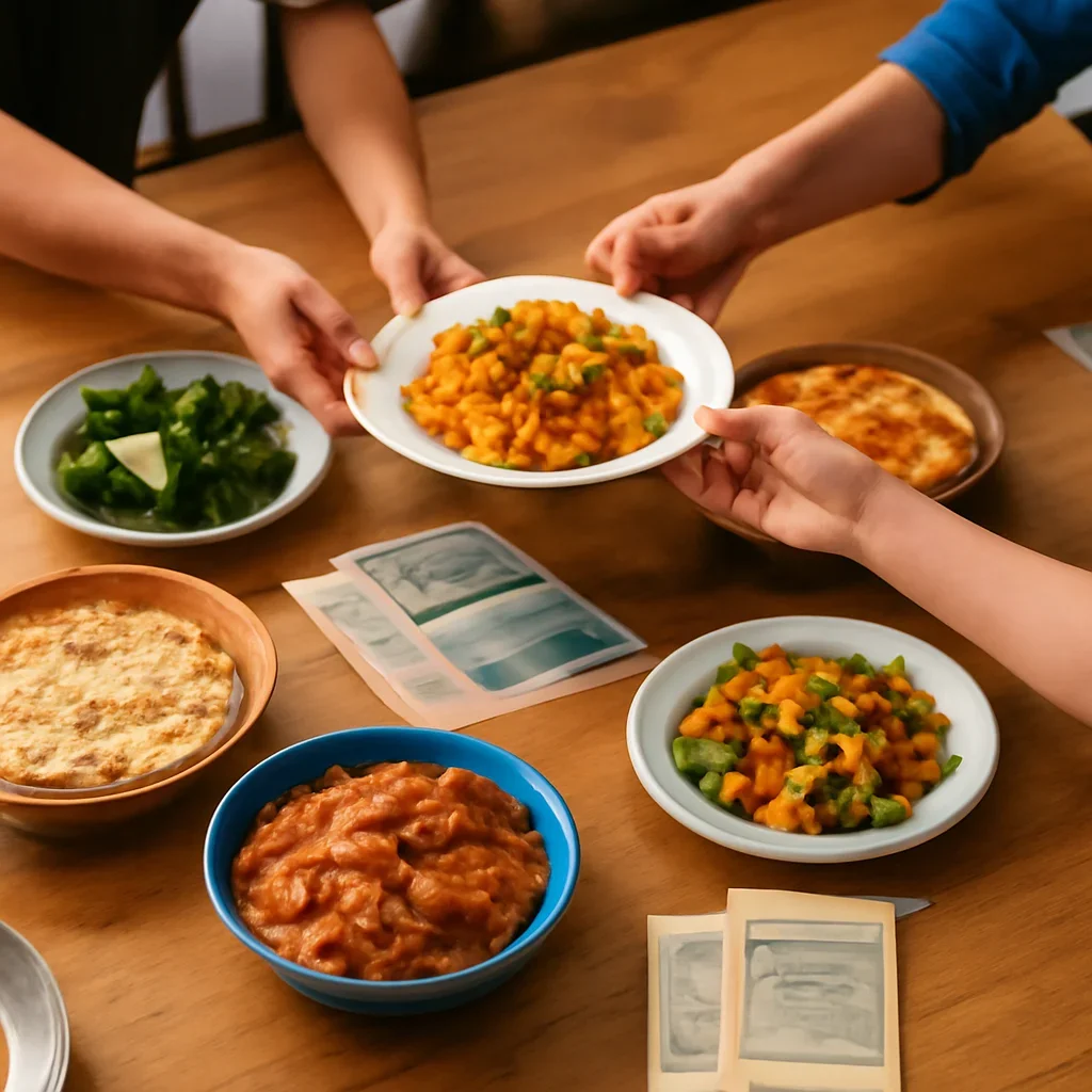 Community table with regional dishes, brochures and hands passing plates