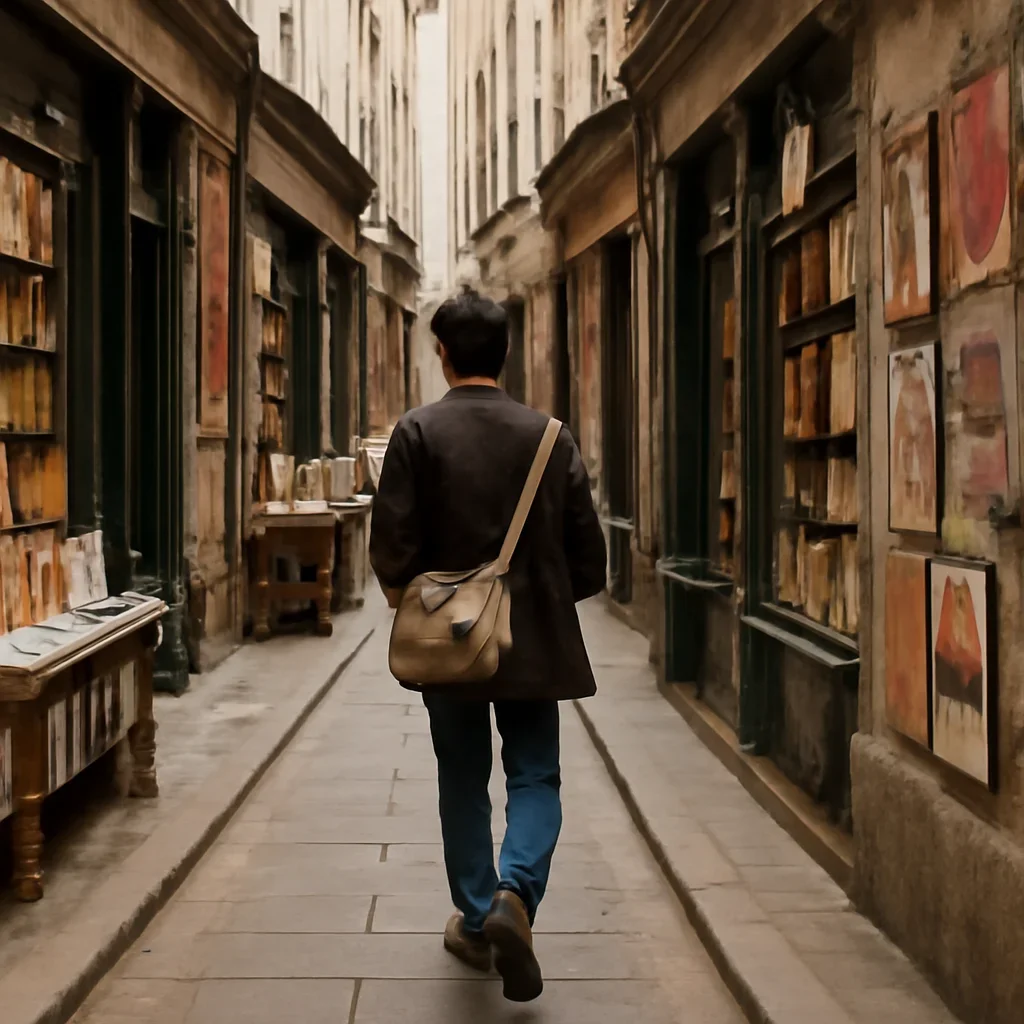 Reader walking through a literary street with bookshops and posters