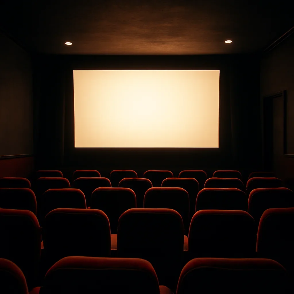Small cinema interior with glowing screen and red velvet seats