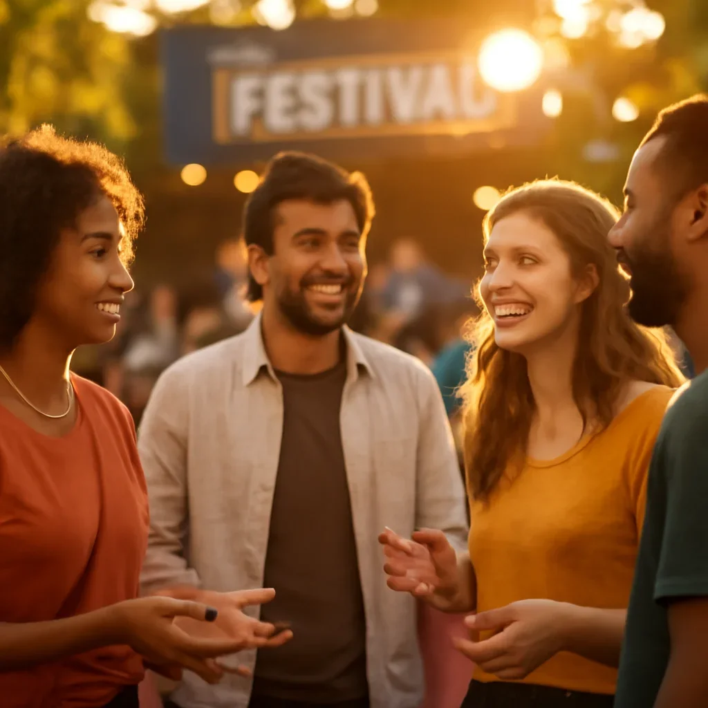 Friends talking outside a cultural event with music and warm evening light