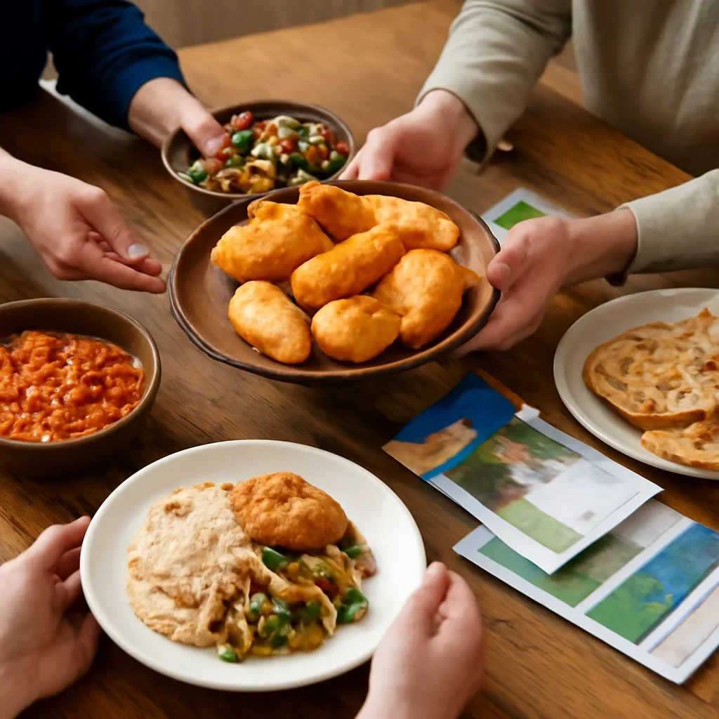 Community table with regional dishes, brochures and hands passing plates