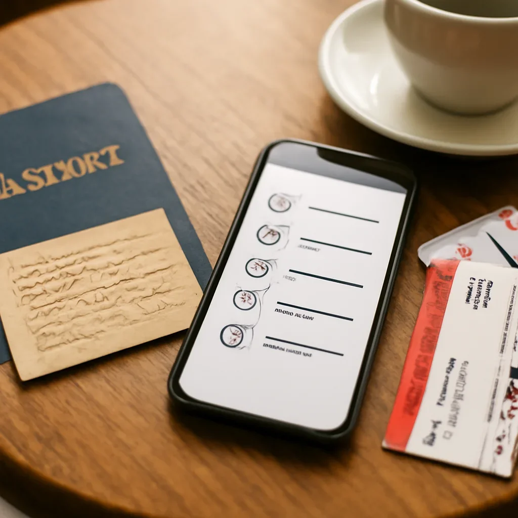 Close view of travel documents, phone checklist and train tickets on a café table