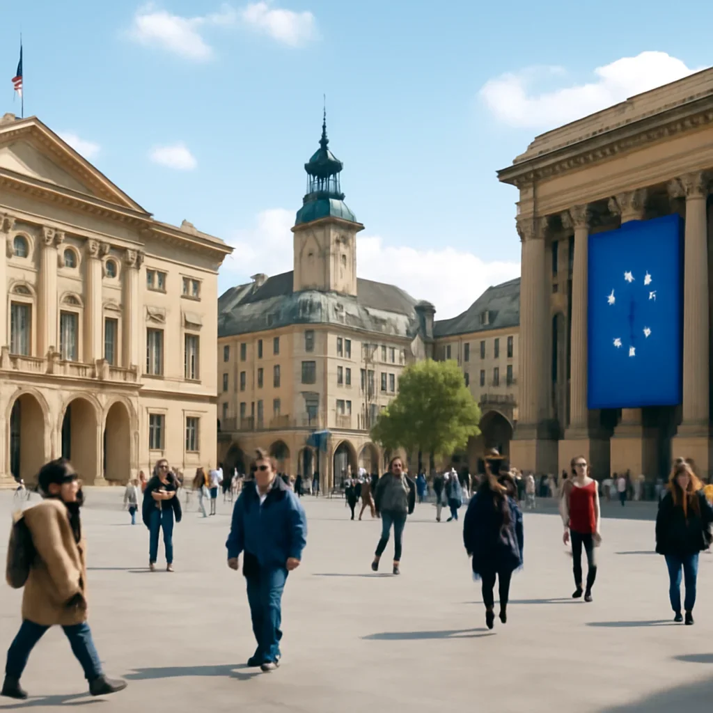 City square scene with civic buildings, pedestrians and EU-themed signage