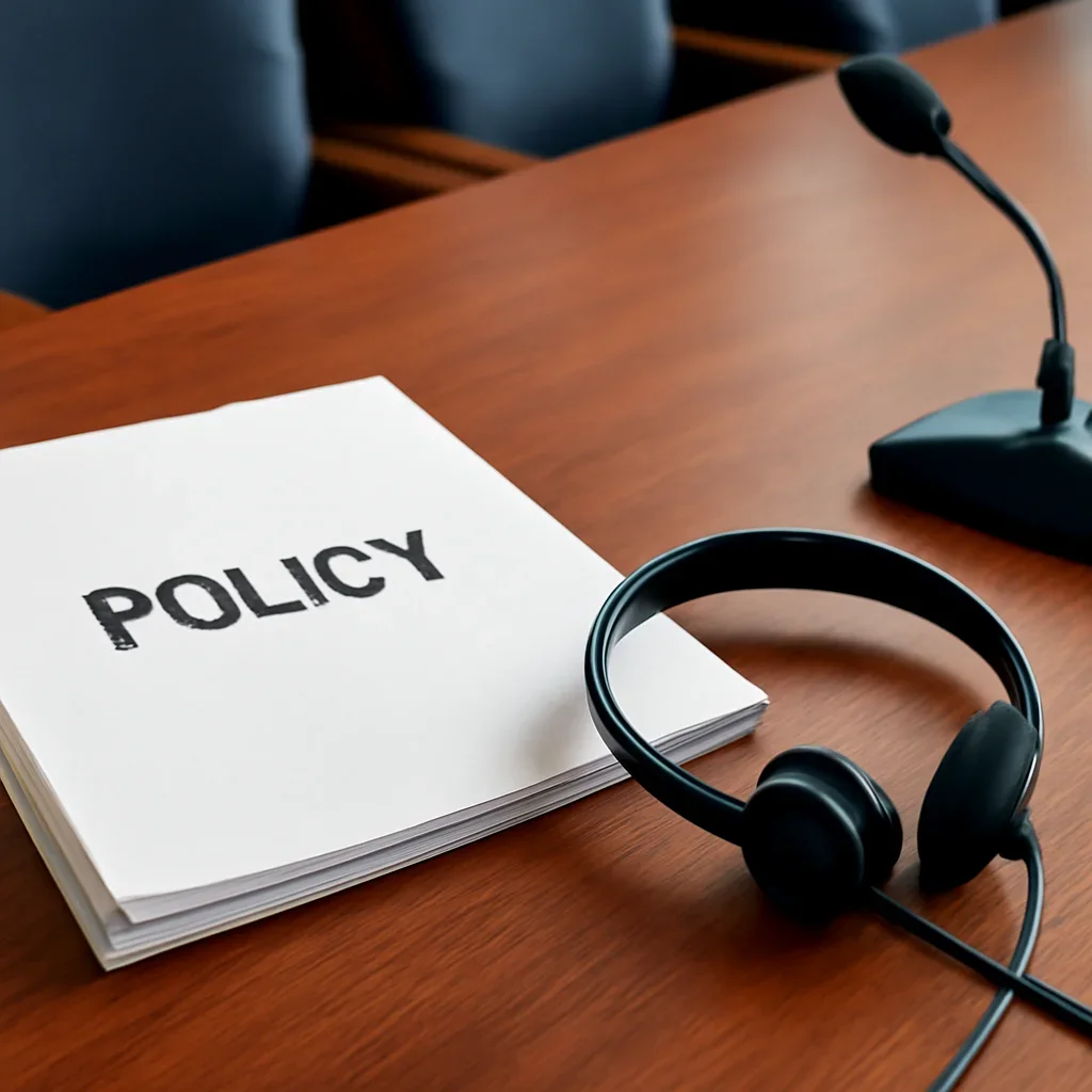 Close view of policy papers, translation headset and a conference desk