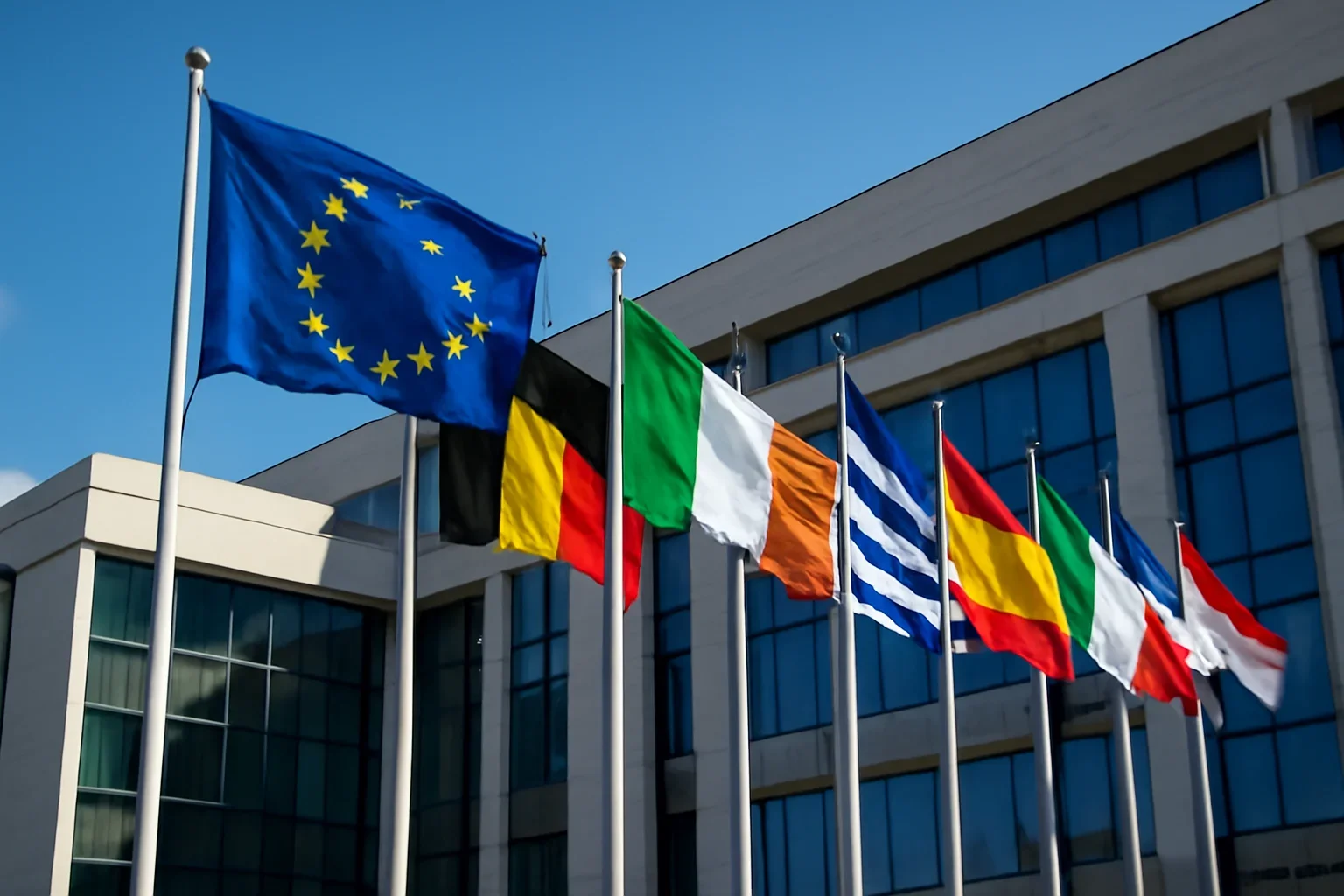 European flags outside a modern institutional building under bright sky