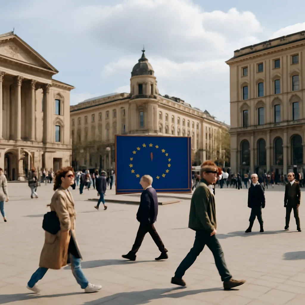 City square scene with civic buildings, pedestrians and EU-themed signage