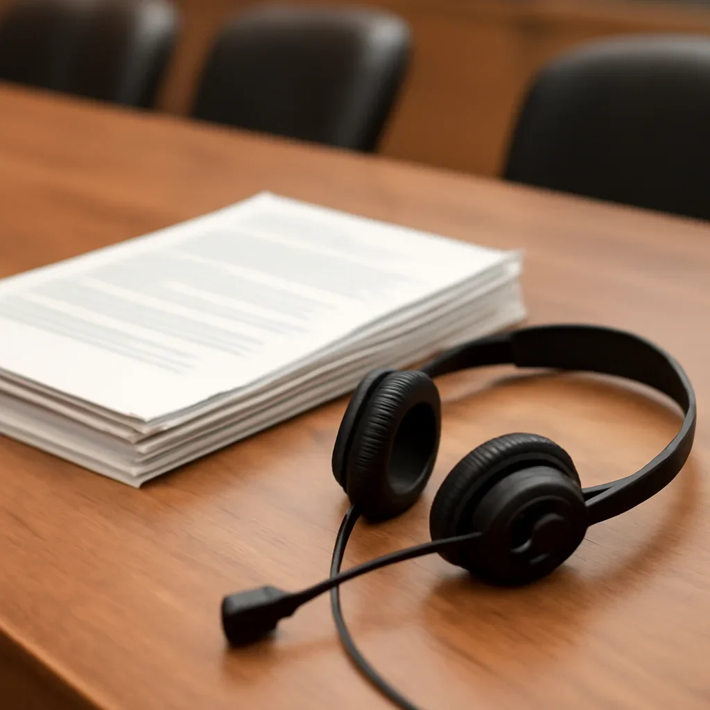 Close view of policy papers, translation headset and a conference desk