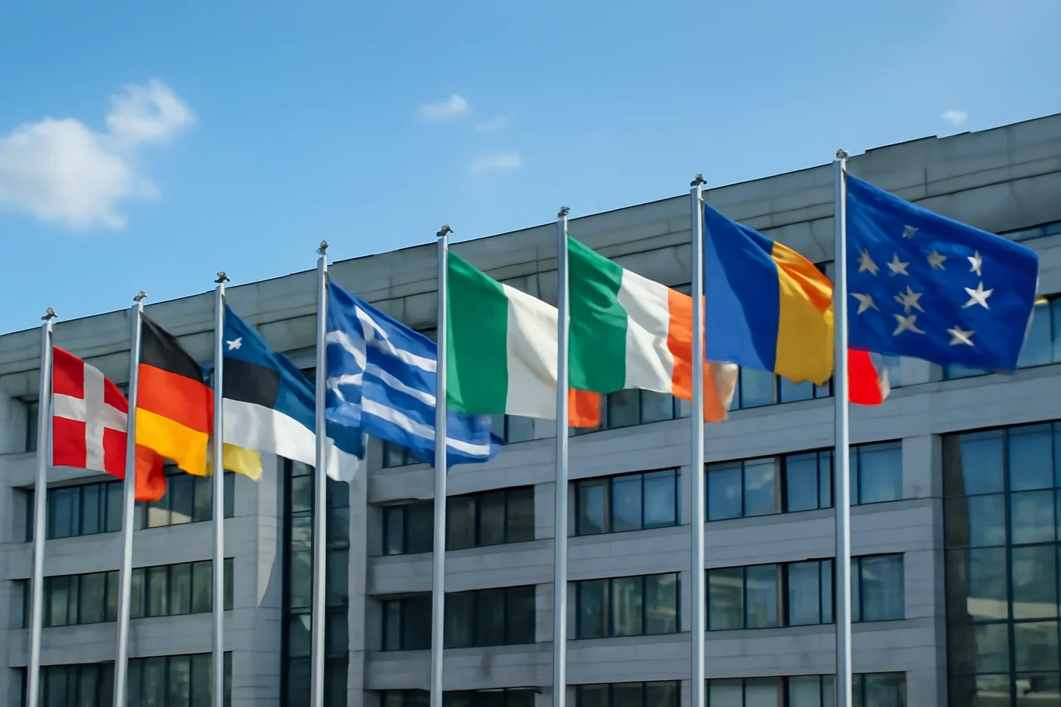 European flags outside a modern institutional building under bright sky
