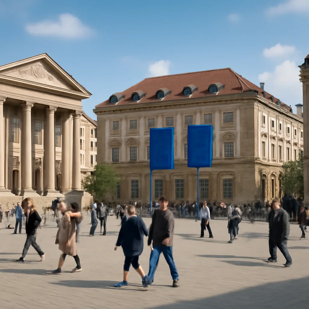 City square scene with civic buildings, pedestrians and EU-themed signage