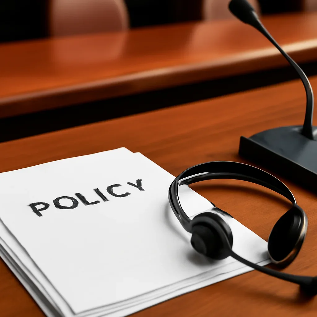 Close view of policy papers, translation headset and a conference desk