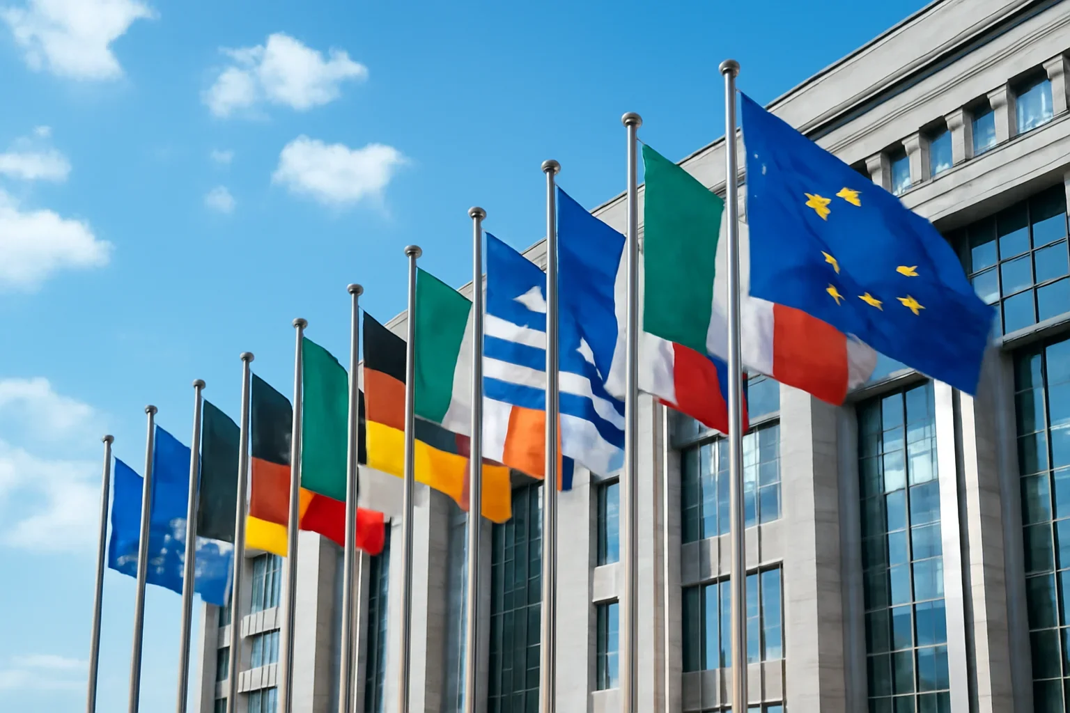 European flags outside a modern institutional building under bright sky