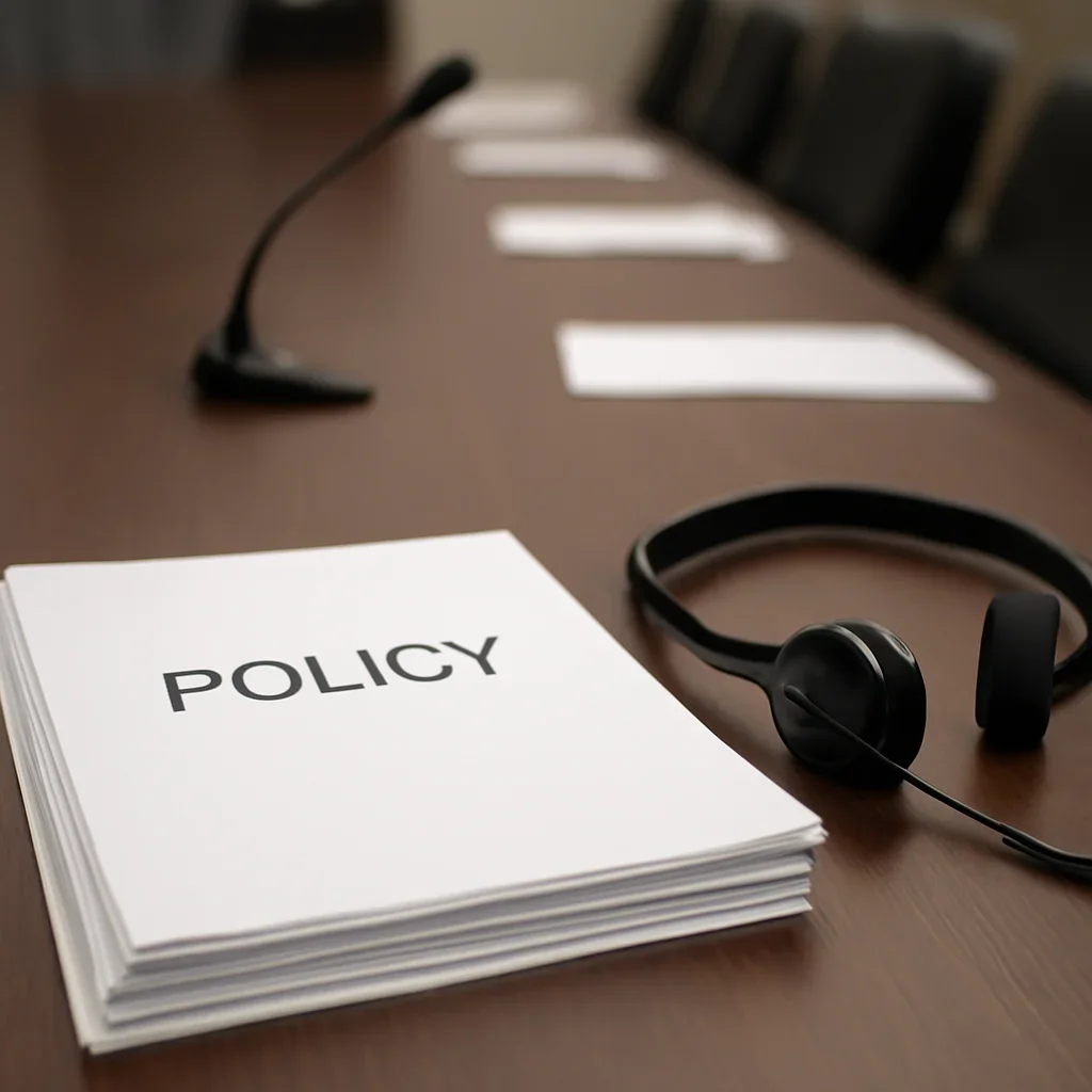 Close view of policy papers, translation headset and a conference desk