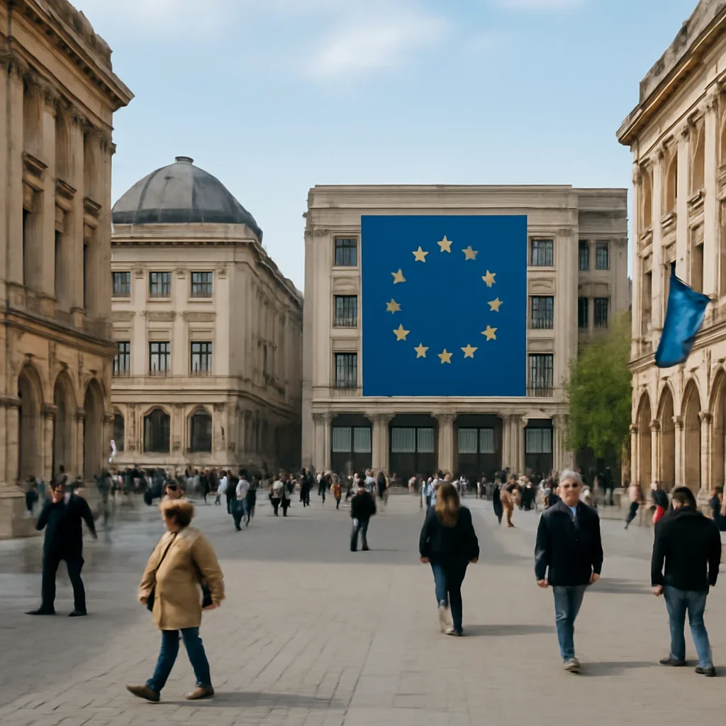 City square scene with civic buildings, pedestrians and EU-themed signage