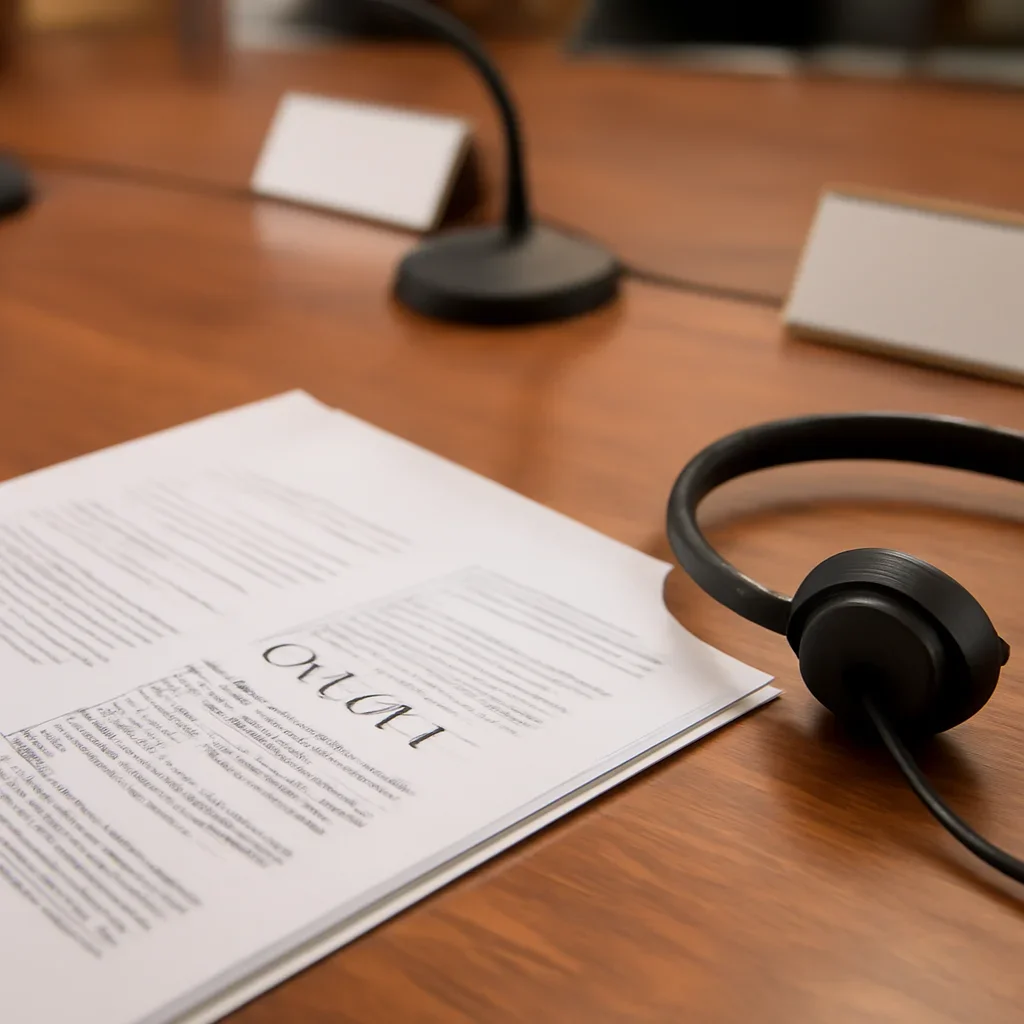 Close view of policy papers, translation headset and a conference desk
