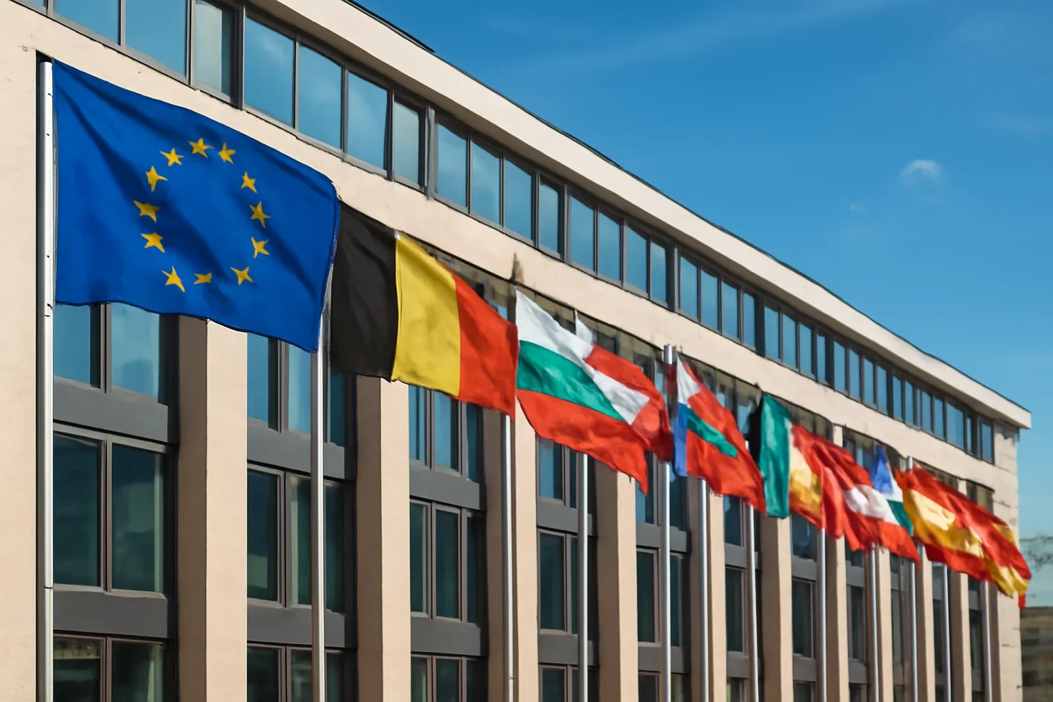European flags outside a modern institutional building under bright sky