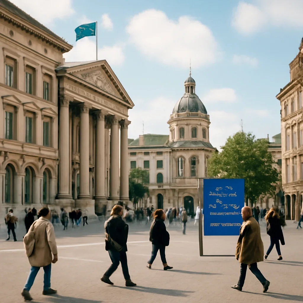City square scene with civic buildings, pedestrians and EU-themed signage