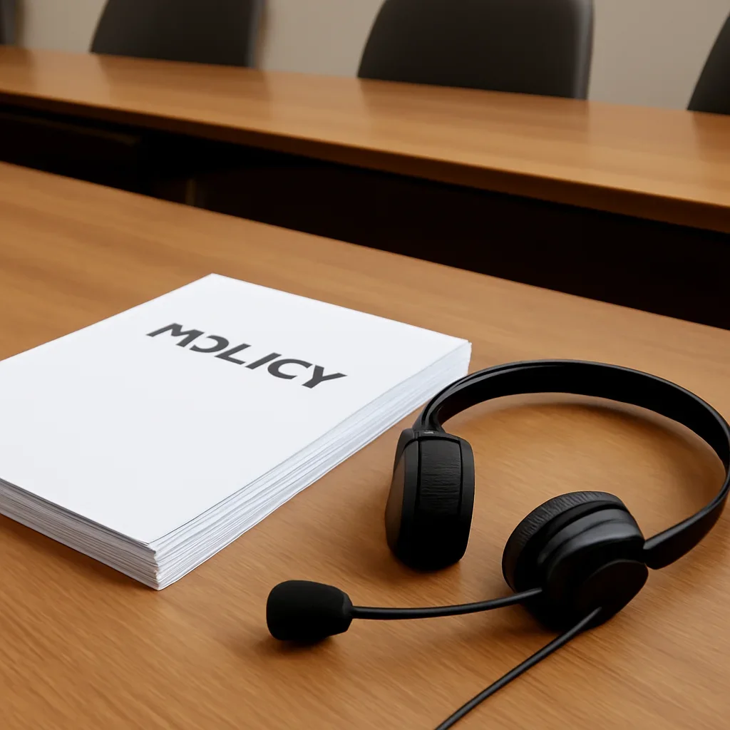 Close view of policy papers, translation headset and a conference desk