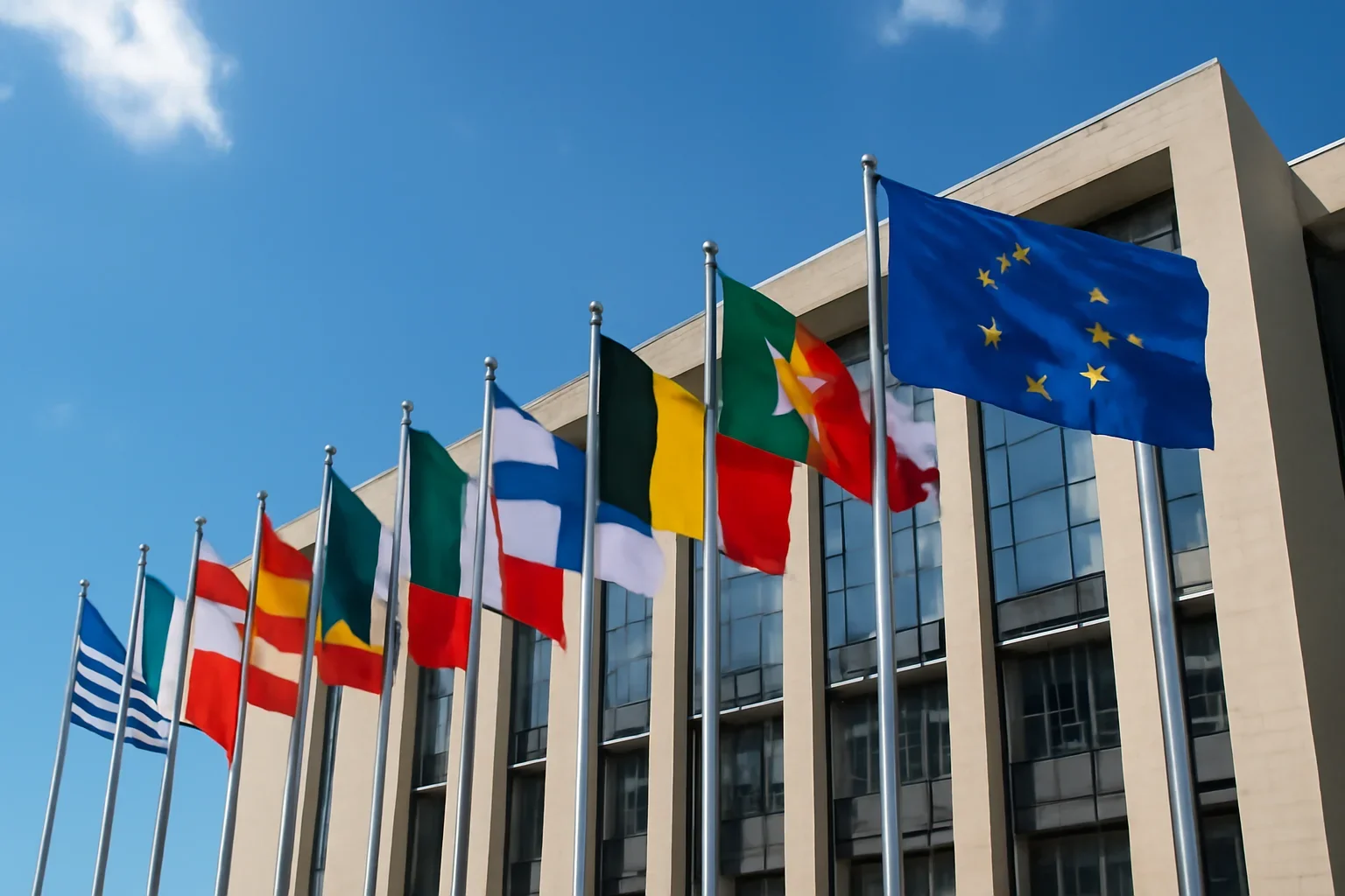 European flags outside a modern institutional building under bright sky