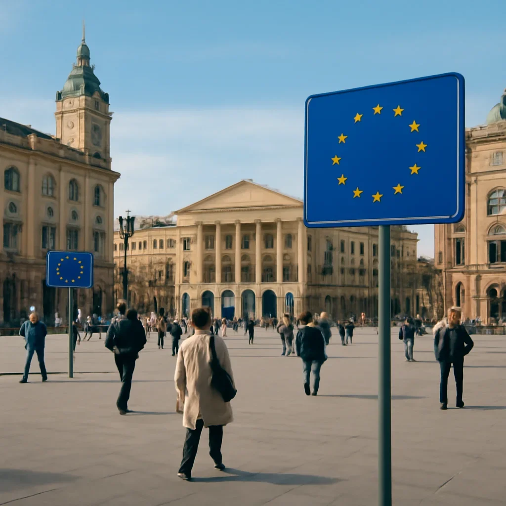 City square scene with civic buildings, pedestrians and EU-themed signage